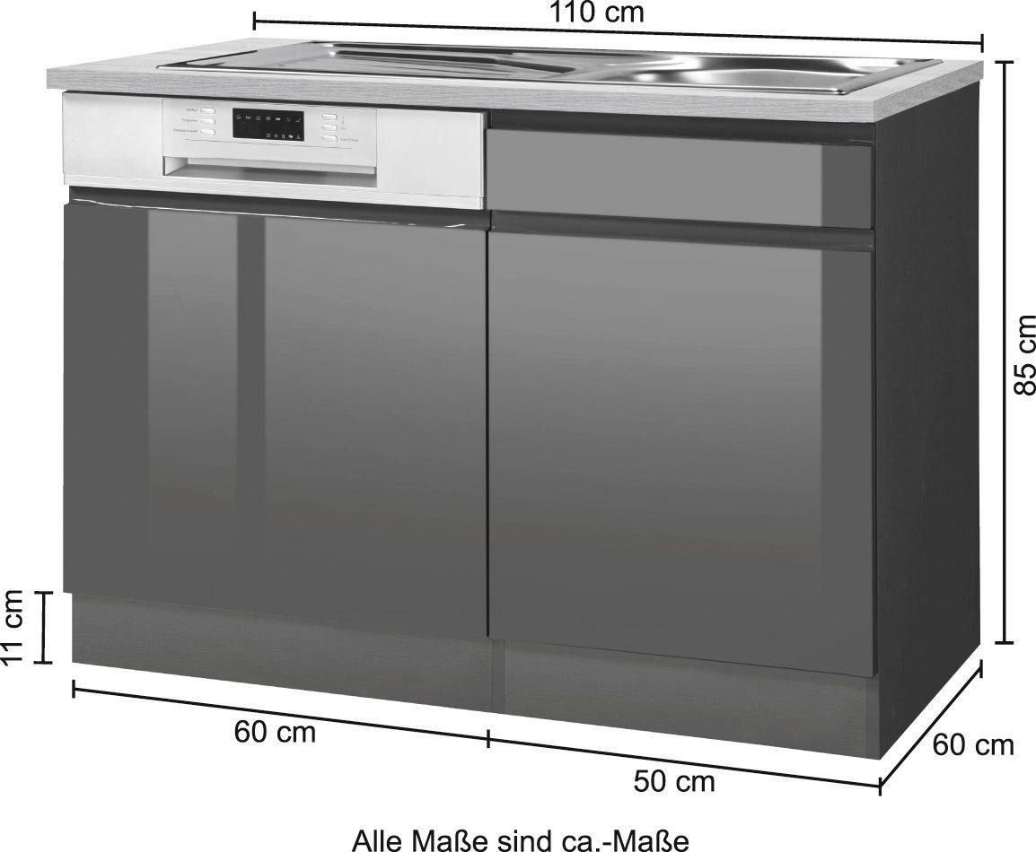 Virginia cm Einbauspüle MÖBEL Spülenschrank Hochglanz/wotaneiche HELD breit, inklusive 110 weiß