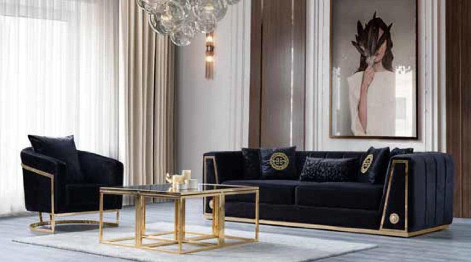 JVmoebel 3-Sitzer Schwarzer Teile, Neu, Wohnzimmereinrichtung in 1 Couch Made Europe Luxus Wohnzimmer Dreisitzer