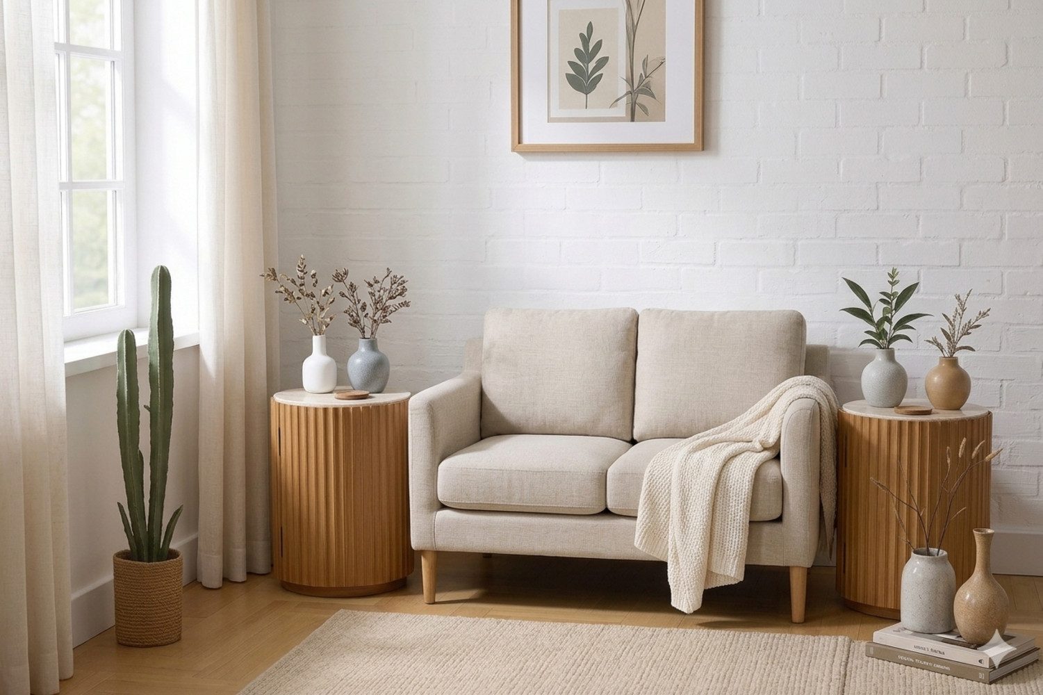Woodek Design Nachttisch Franz 2er-Set rund, aus massiver Eiche (Durchmesser: 42 cm, Höhe: 55 cm, 2-St., praktischer Stauraum), Beistelltisch mit Steinplatte