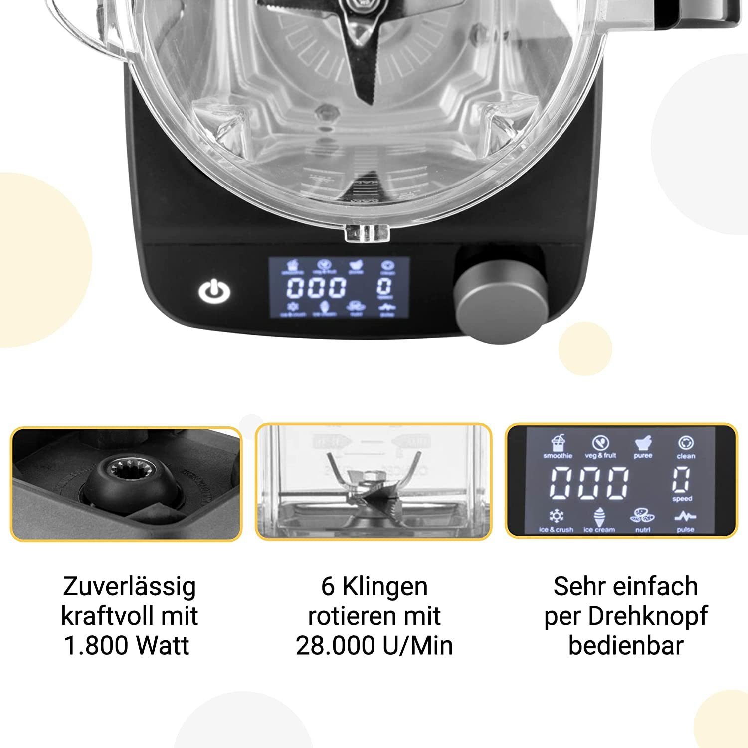 KLAMER Standmixer Hochleistungsmixer 1800W, 1,75L, Tritan-Mixbehälter, Smoothie Maker m…, 1800 W, 6 Auto- & 9 manuelle Stufen, Überhitzungsschutz, Reinigungsprogramm