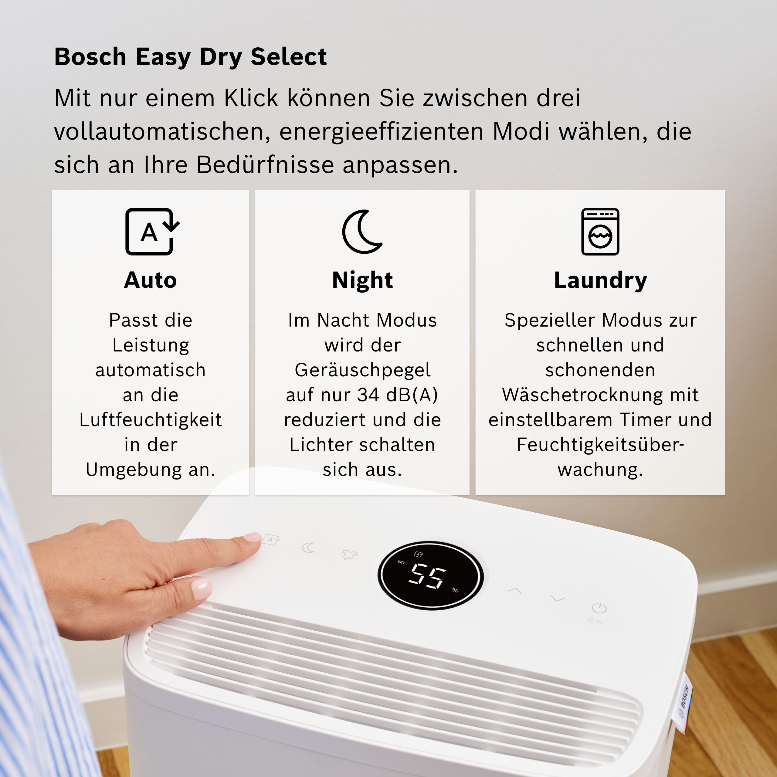 BOSCH Luftentfeuchter Dry 1000 - Ideal für die Wohnung & schnelle Trocknung der Wäsche, Entfeuchtung 10 l/Tag, Tank 2,5 l, Ultra-leiser Betrieb, nur 34 dB(A) – Bild 4 von 5