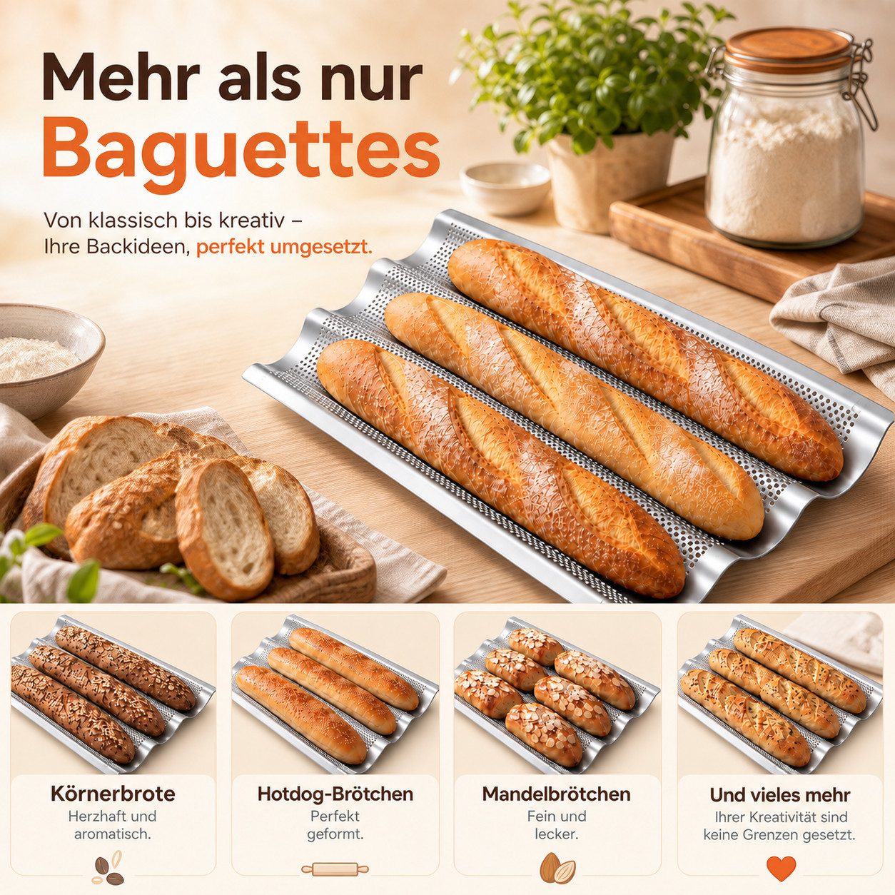 GLIESE POWER Baguetteblech – antihaftbeschichtet und hitzebeständig, 3 Mulden, perforiert, Antihaft, 38x25x2 cm, für Standardbacköfen – Bild 4 von 5