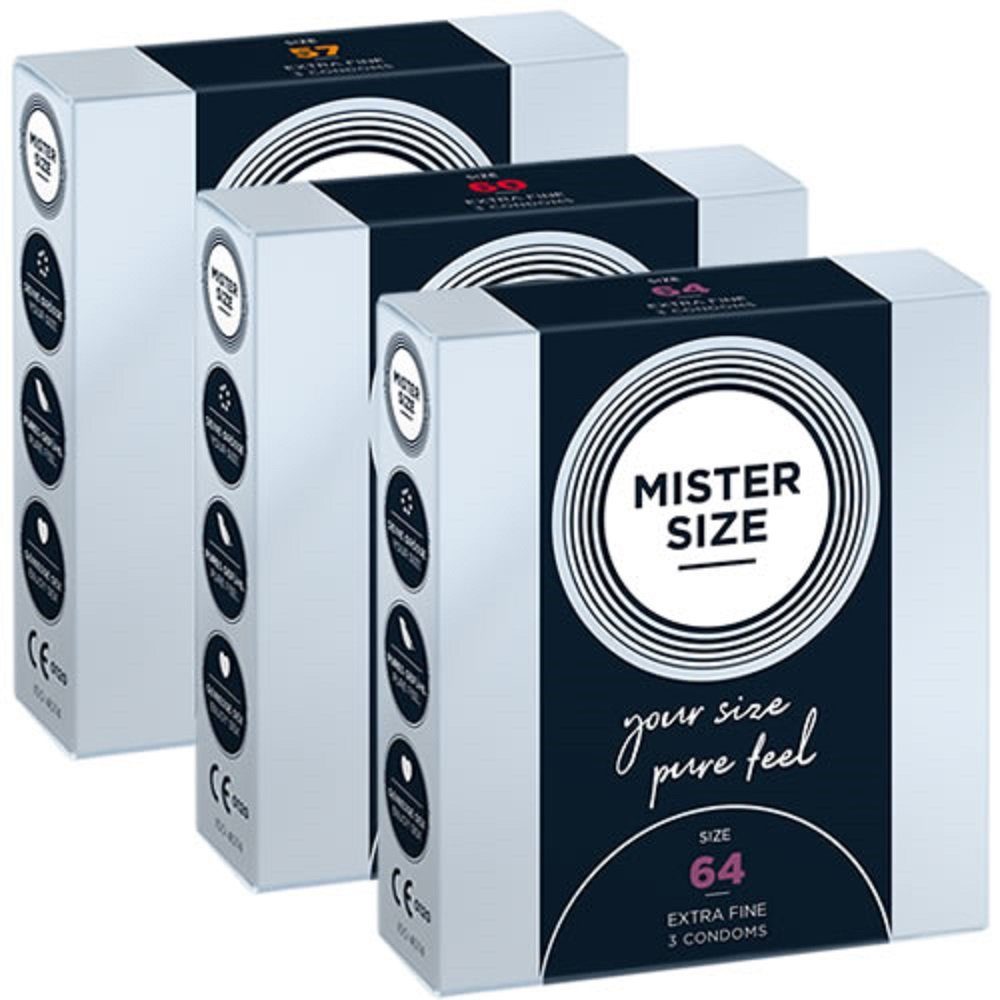 MISTER SIZE XXL-Kondome Probierpack XL (57mm, 60mm, 64mm) 3 Größen zum Testen, Packung mit 3 x 3 Kondomen, ingesamt, 9 St., Maßkondome, vegan, extra dünn & extra fein, das passende Kondom in Ihrer Größe