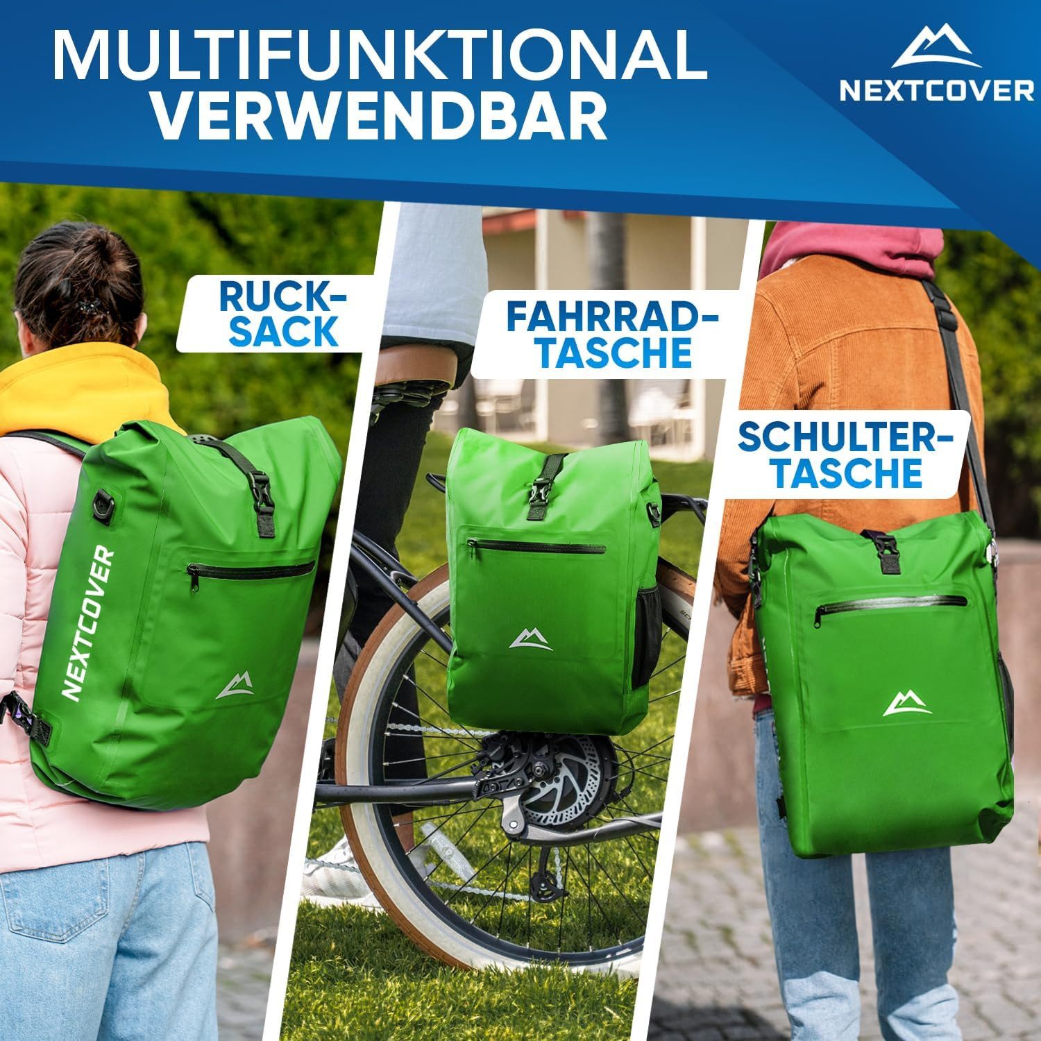 Nextcover Fahrradtasche NEU 3in1 Fahrradtasche für Gepäckträger - Fahrradrucksack wasserdicht