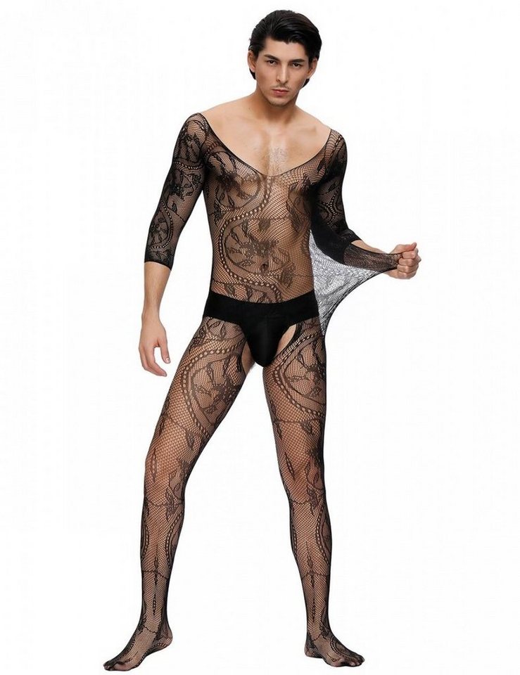 Lau-Fashion Lange Unterhose Spitze Strapse Transparenz V-Ausschnitt Bodystocking Nylon S/M/L