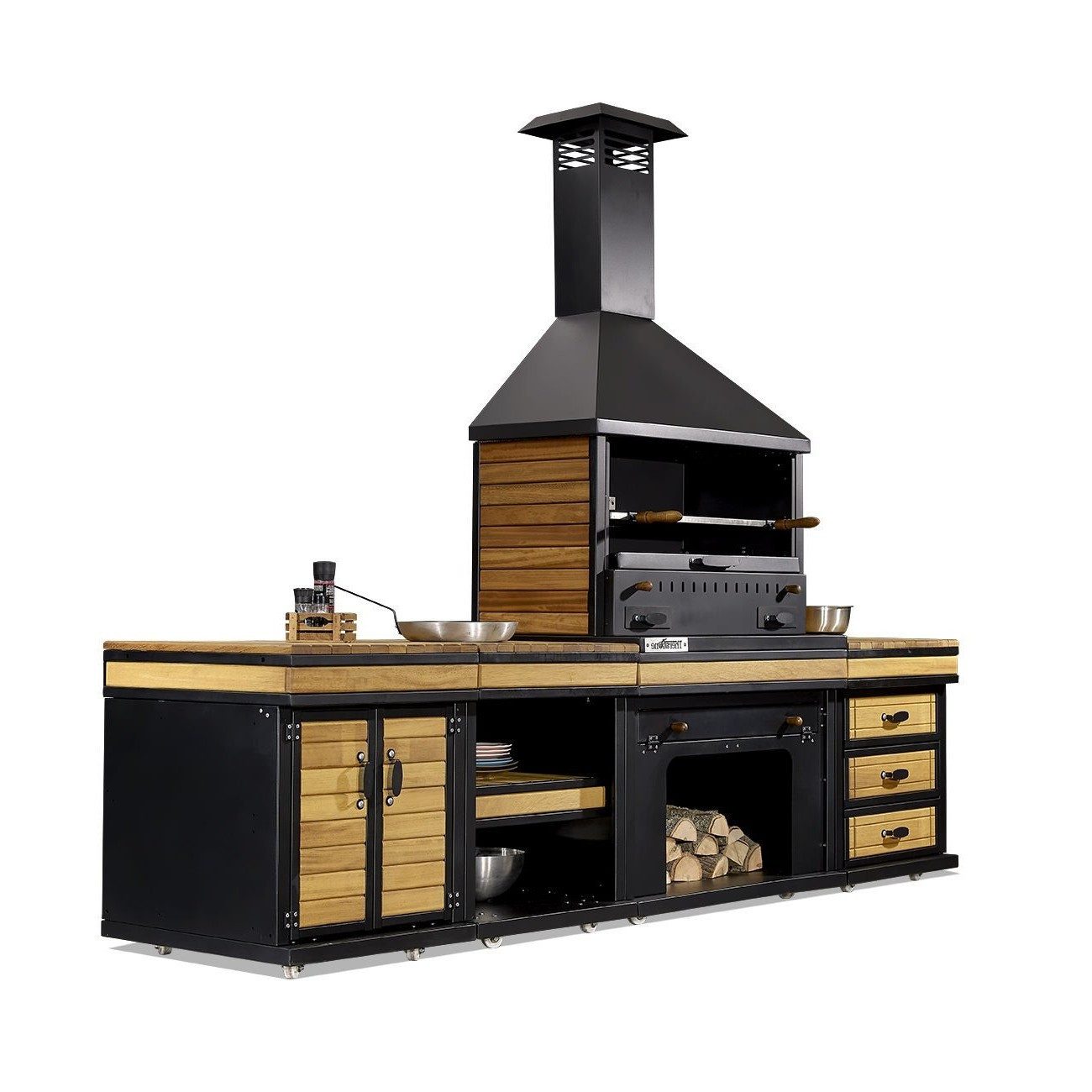 Xlmoebel Outdoor-Küche Moderne Außenküche aus Holz und Edelstahl in Schwarz, Made in Europa