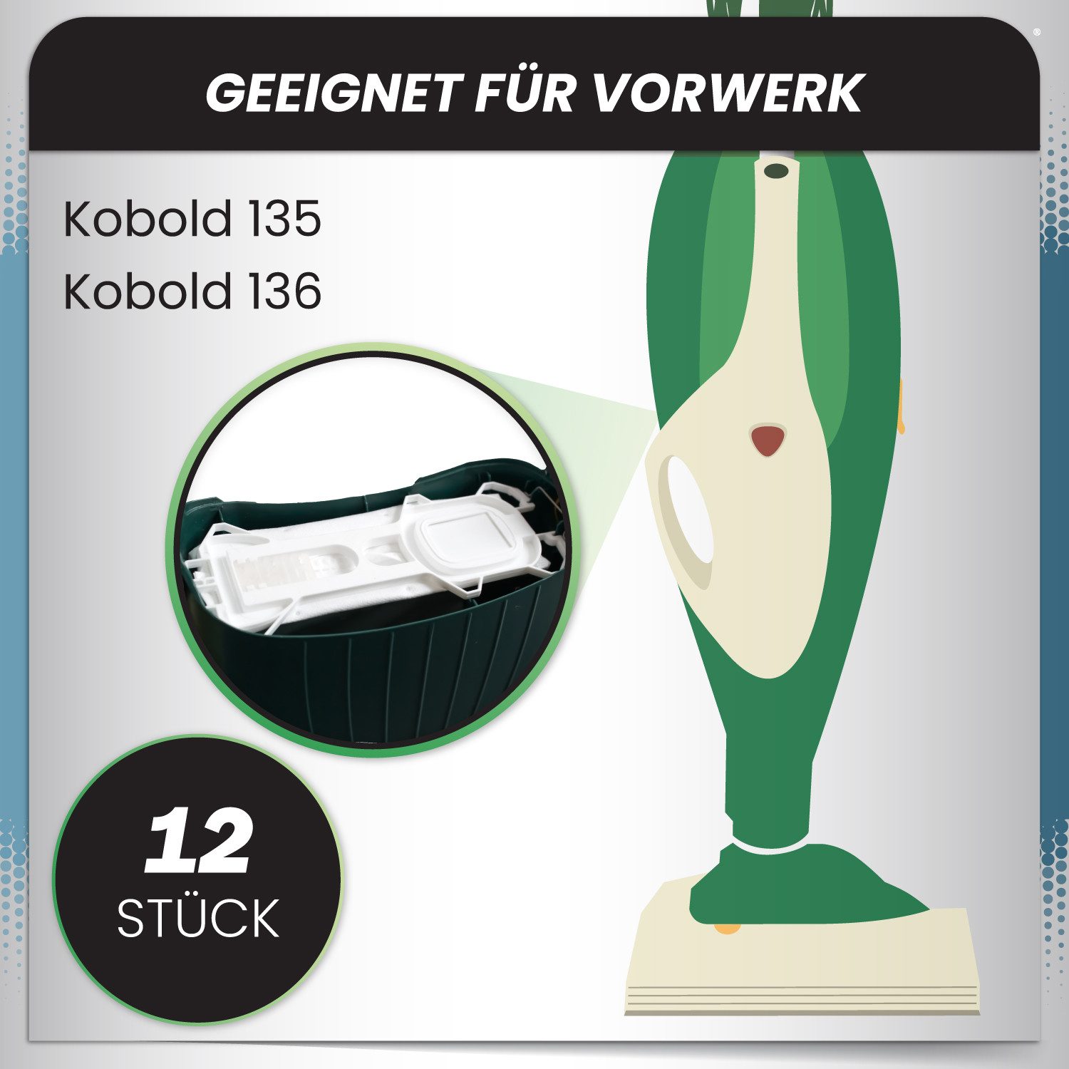 McFilter Staubsaugerbeutel (12 Stück), passend für Vorwerk Kobold 135, 136, 135SC, VK 135 und VK 136, 12 St., 5-lagiger Staubbeutel aus Vlies, mit Hygieneverschluss