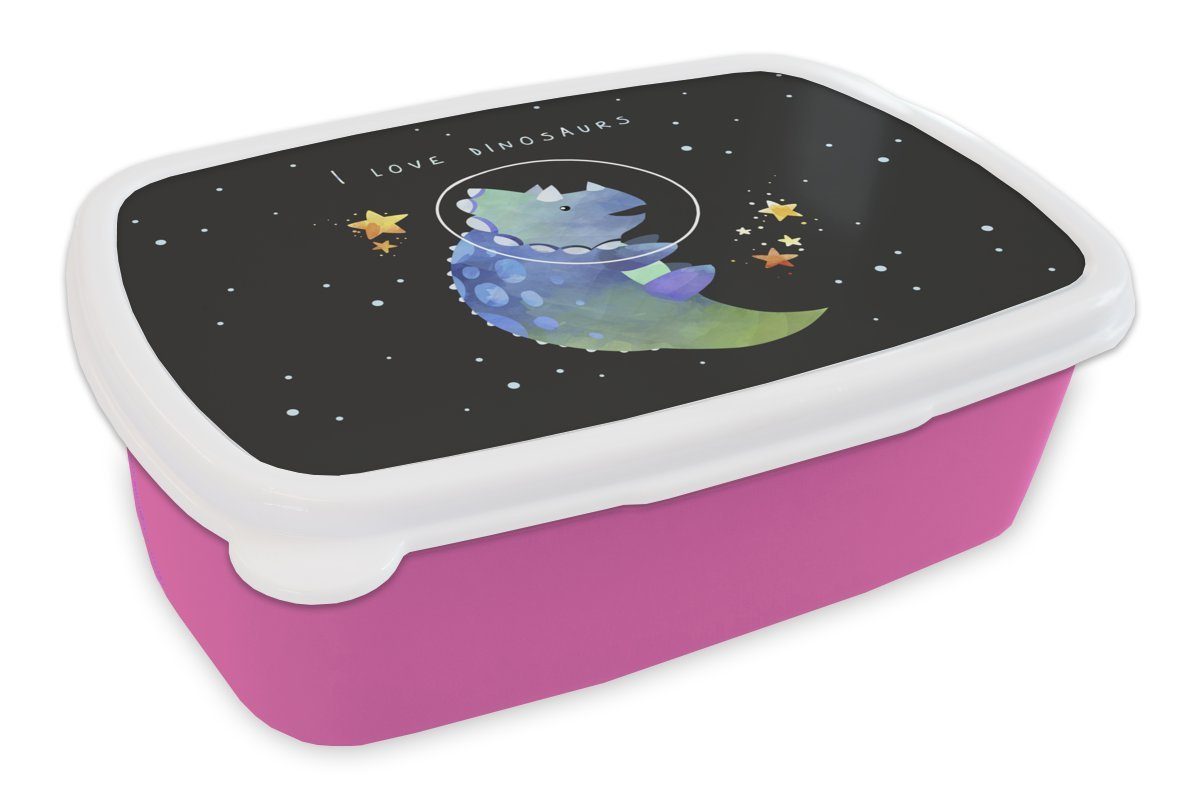 MuchoWow Lunchbox Zitate - Sprichwörter - Raumfahrt - 'Ich liebe Dinosaurier' - Jungen -, Kunststoff, (2-tlg), Brotbox für Erwachsene, Brotdose Kinder, Snackbox, Mädchen, Kunststoff rosa