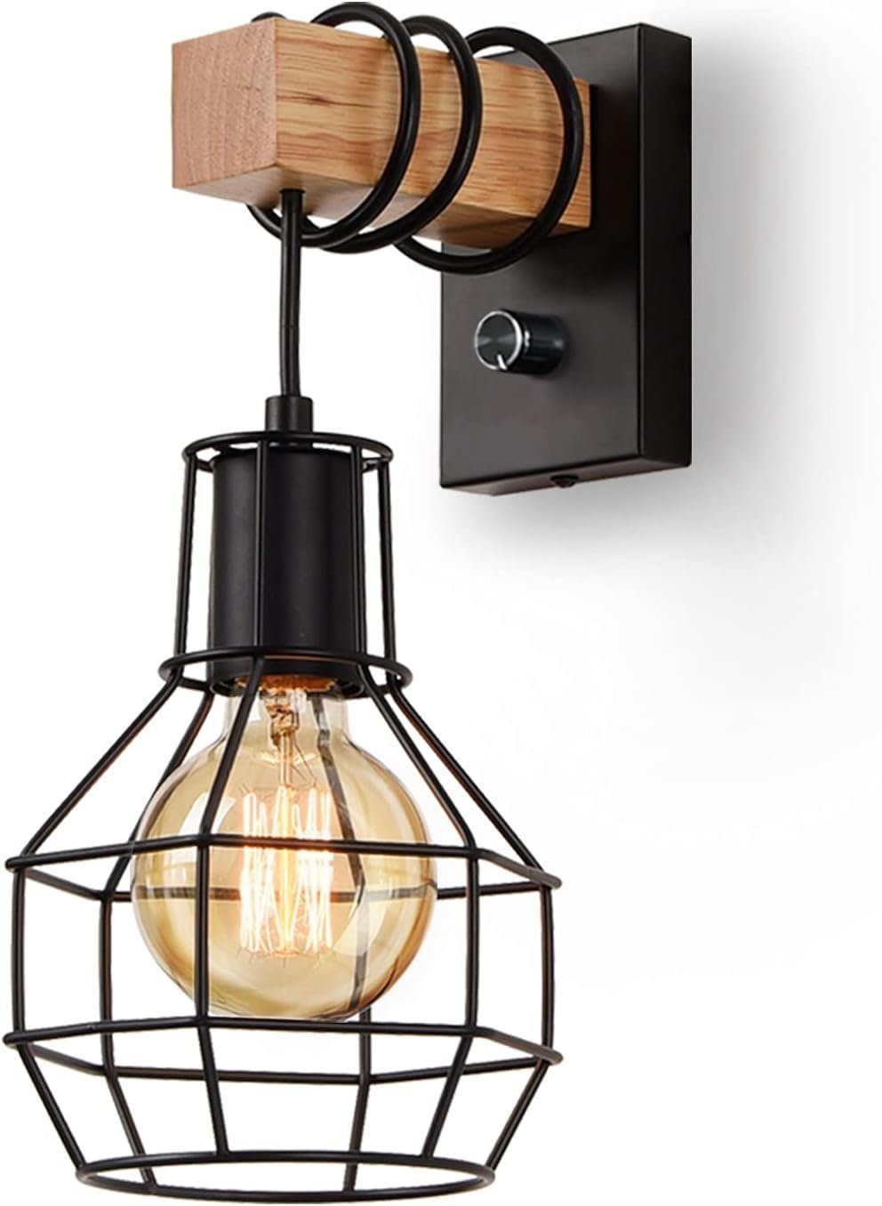 DOPWii Wandleuchte Wandlampe Dimmbar,Retro Lampe aus Metall und Holz E27 mit Schalter