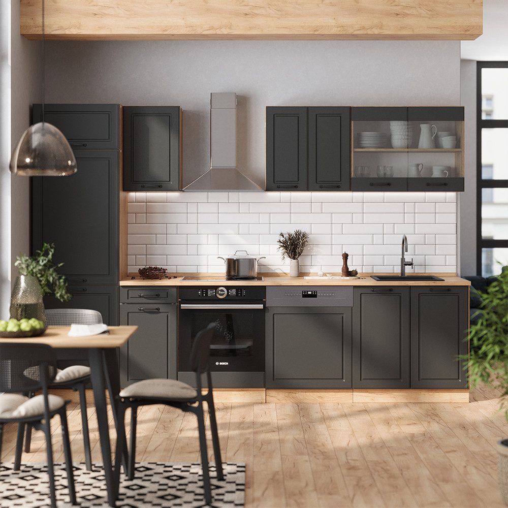 Vicco Küchenzeile R-Line, Anthrazit Landhaus/Goldkraft Eiche, 300 cm, AP Anthrazit