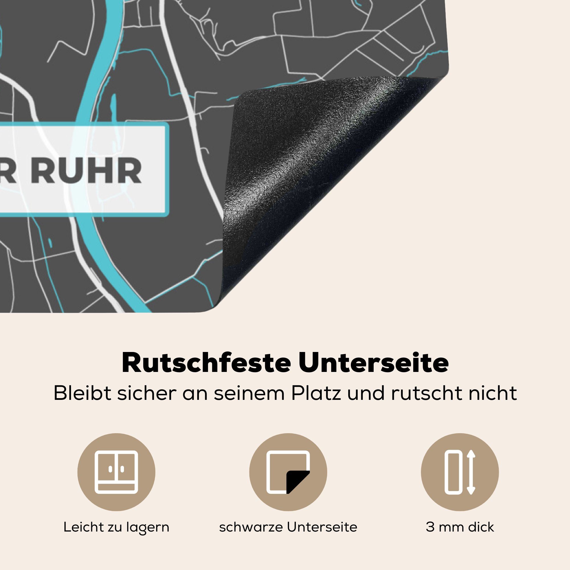 Arbeitsplatte Mülheim (1 Ceranfeldabdeckung, - der für Ruhr küche Deutschlandkarte Blau Karte, tlg), cm, - Herdblende-/Abdeckplatte Stadtplan an - - 78x78 MuchoWow Vinyl,