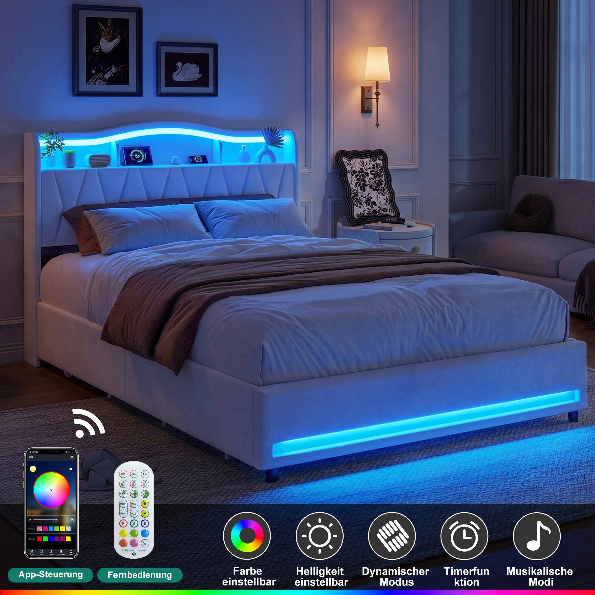 Simurq Polsterbett 160x200cm LED USB Stauraum Samt Grau (USB-Ladeanschluss), LED,USB,Stauraum,Samt,Beige,Lattenrost – Bild 5 von 5
