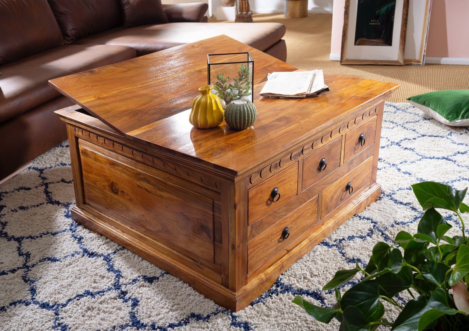 Massivmoebel24 Couchtisch OXFORD (Massivholz, Massivholztisch), Couchtisch Akazie 90x90x50 honig lackiert OXFORD #0320