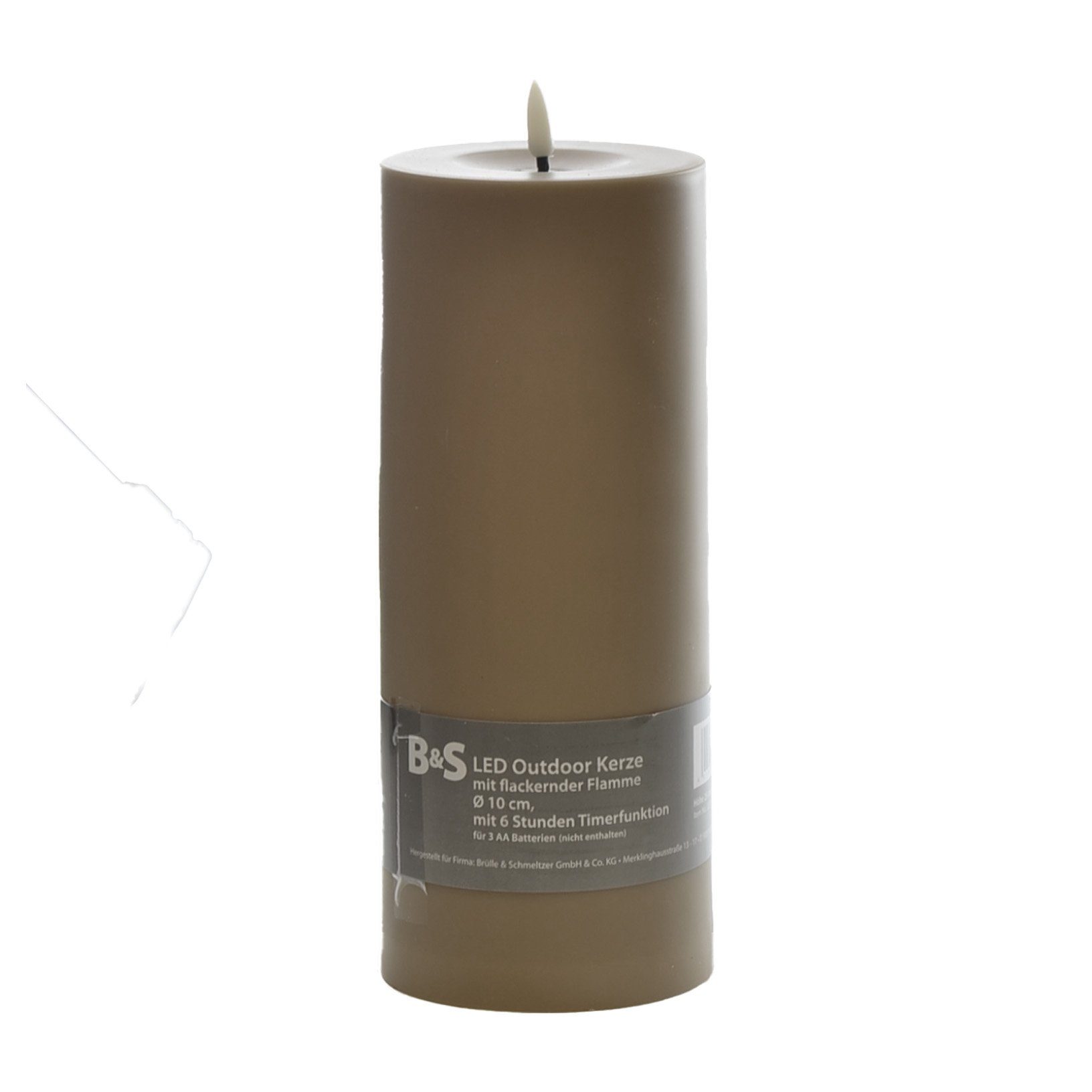 B&S LED-Kerze LED Kunststoffkerze Outdoor taupe 25 x Ø 10 cm Flackerflamme & Timer