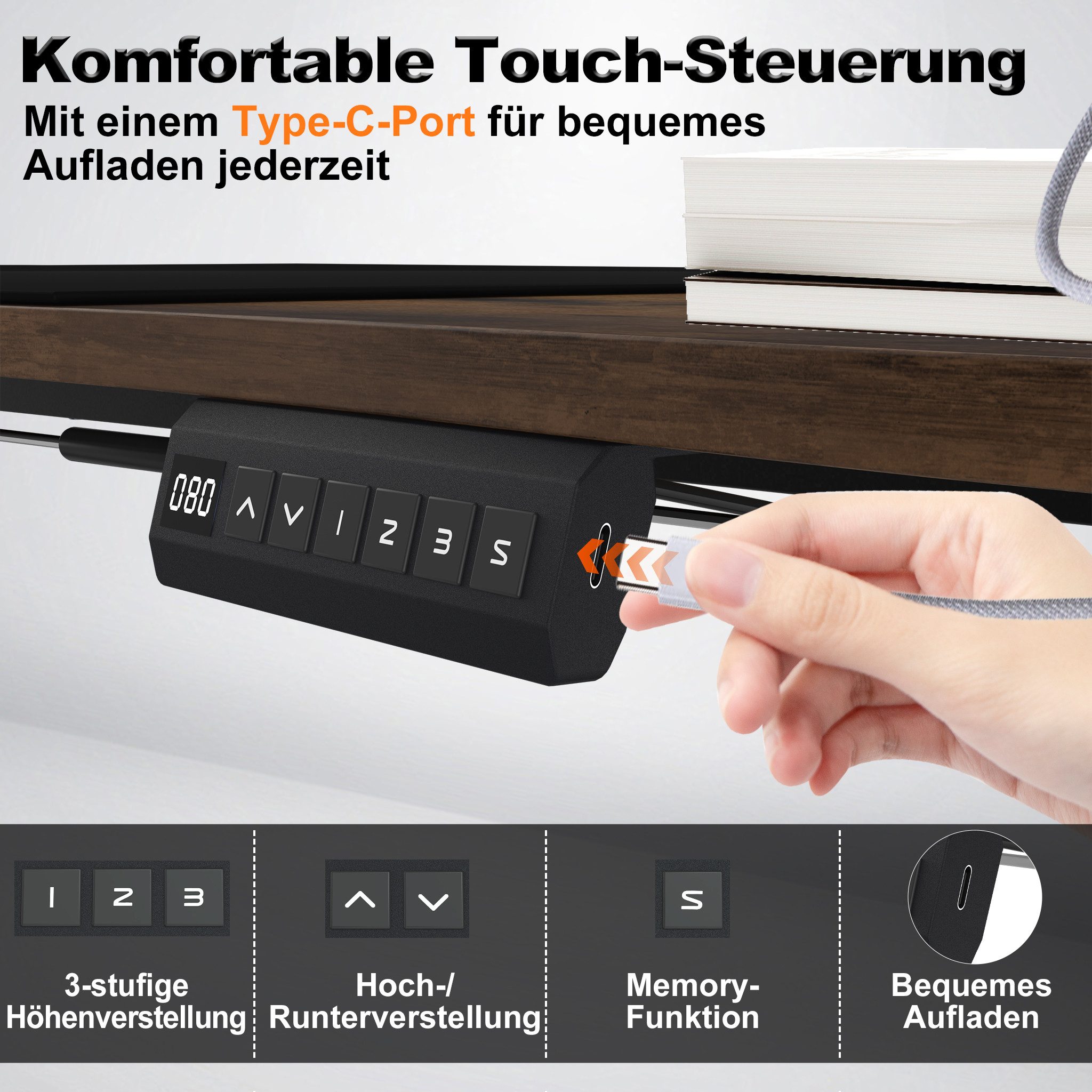 FIVMEN Schreibtisch Höhenverstellbar Stehschreibtisch Computertisch Gaming Tisch, Bürotisch Studien-Laptoptisch mit Tray und Kopfhörerhaken