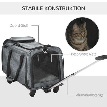PawHut Tiertransportbox Haustiertrolley Hundebox, Transporttasche mit Teleskopgriff und Rädern bis 10 kg, 3-in-1 Katzentasche