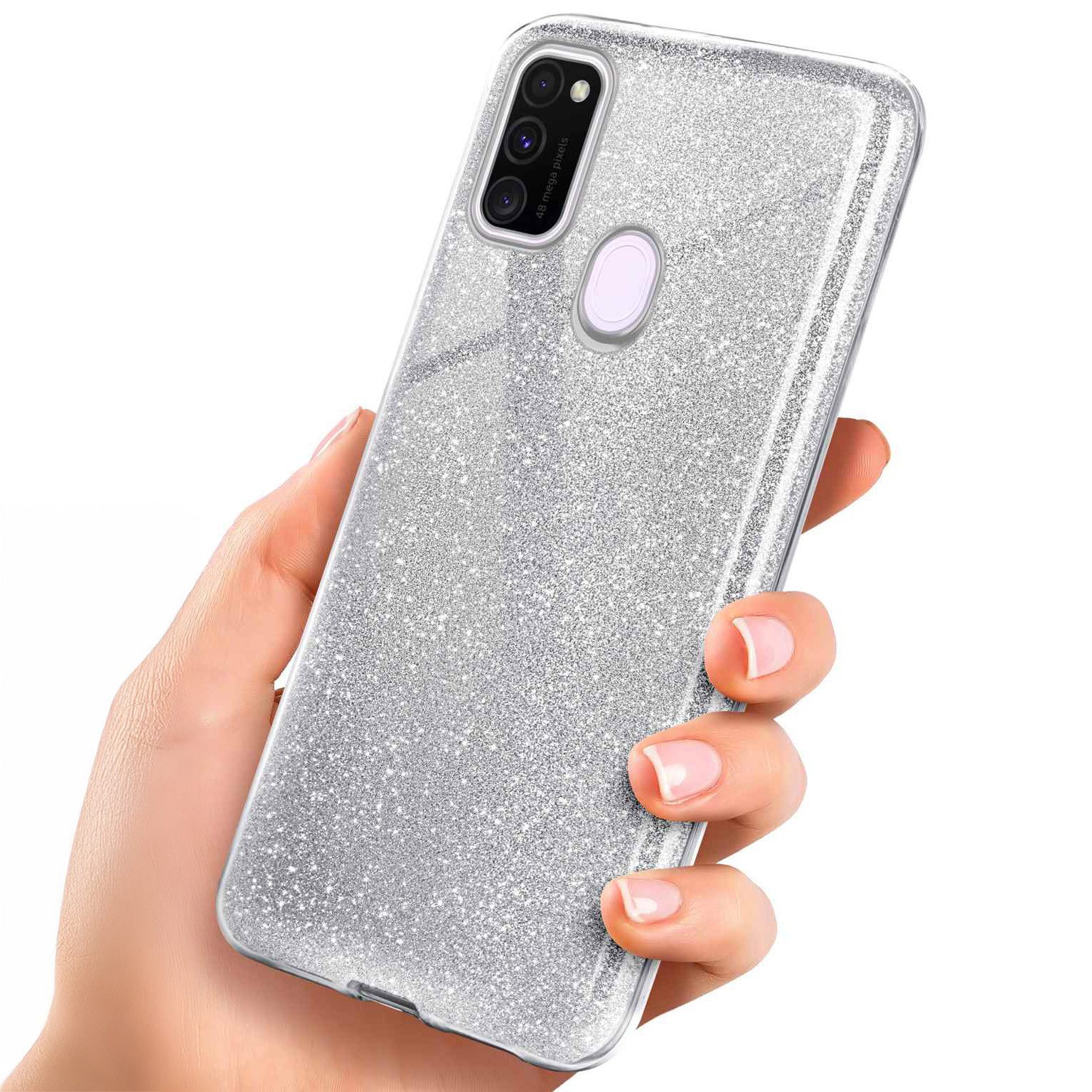 ONEFLOW Handyhülle für Samsung Galaxy M30s Glitzer Hülle Glitter Case Silber 6,4 Zoll, Hülle Glitzernd Dünne Schutzhülle mit Kameraschutz Frauen Glitzerhülle