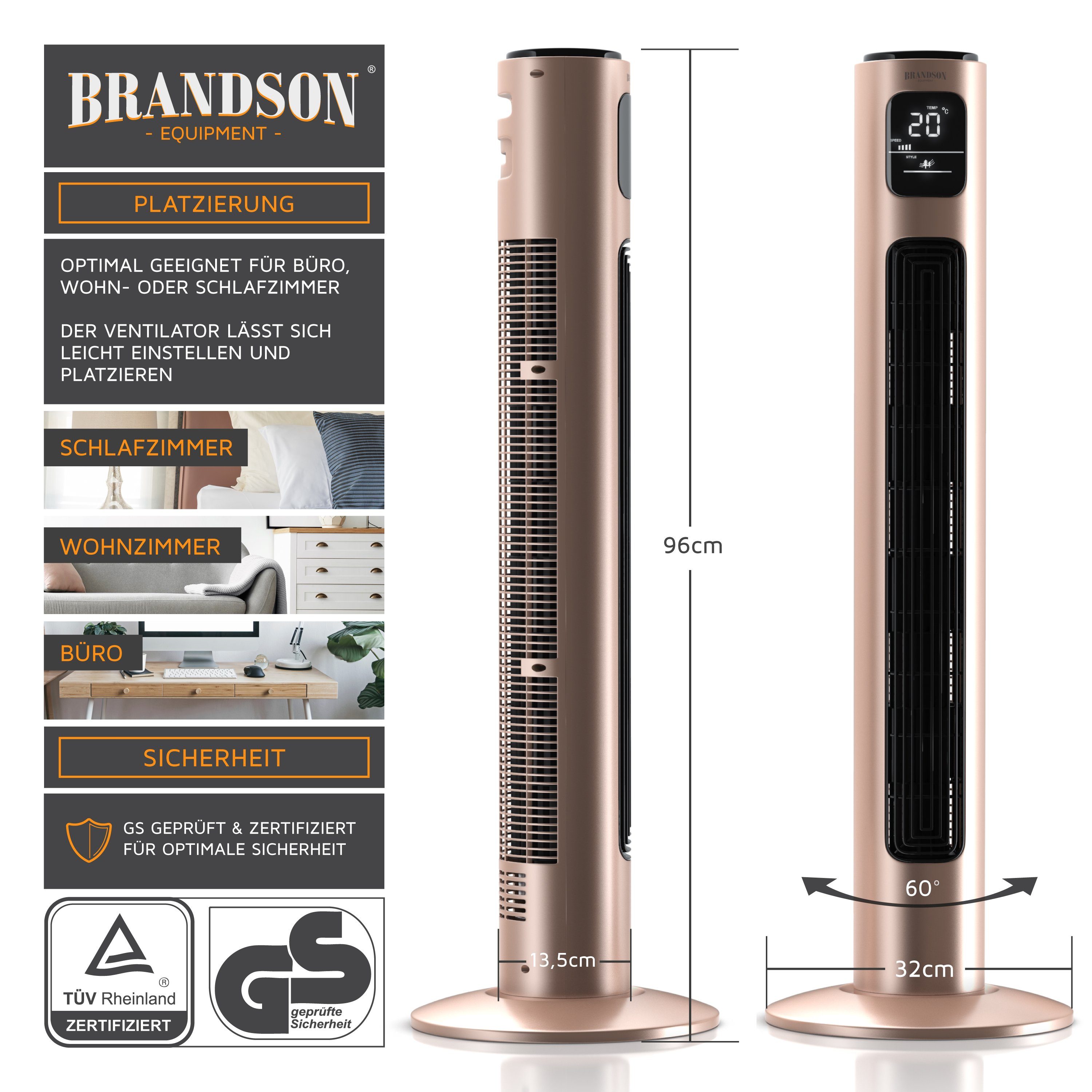 Brandson Turmventilator, Standventilator Timer, 96cm, Oszillation, Fernbedienung Pearl-Rouge