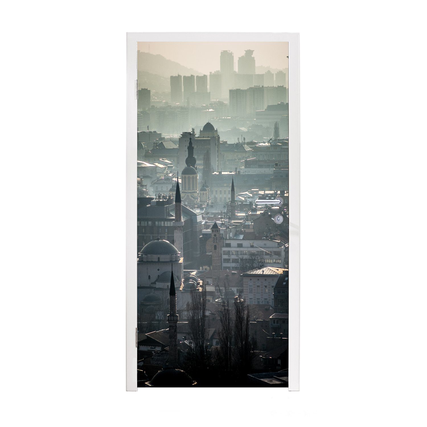 bedruckt, Türaufkleber, Bosnien Nebel Tür, für Hauptstadt Türtapete über der MuchoWow Herzegowina, 75x205 und (1 Sarajevo, St), von cm Fototapete Matt,