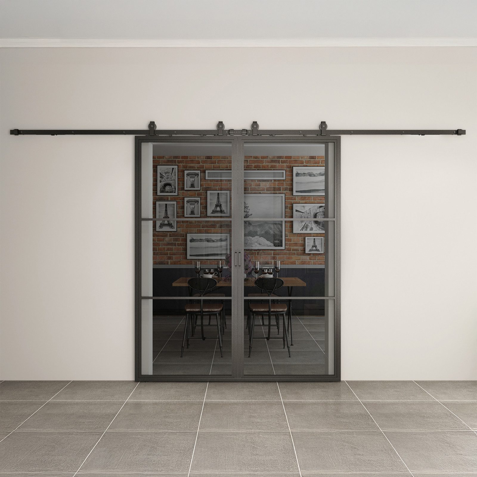 inova wohnen Doppelschiebetür Stahltür schwarz Grauglas (Komplett Set), Laufschiene Softclose Loftstyle