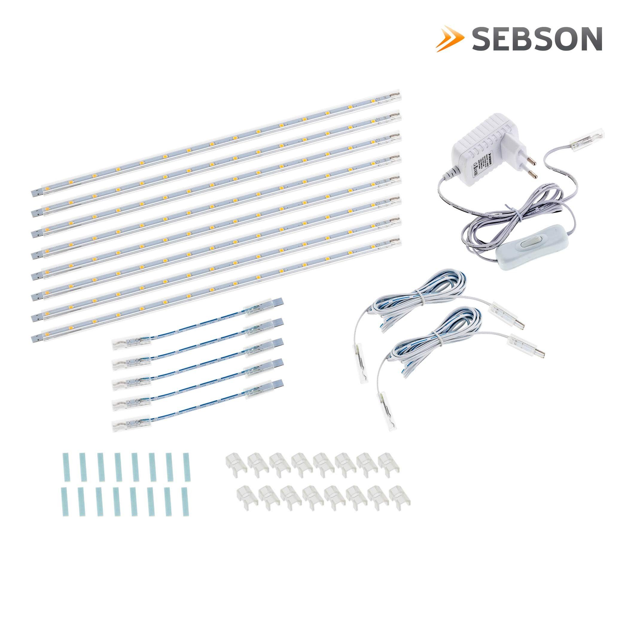 SEBSON Aufbauleuchte LED Lichtleiste 30cm 12V warmweiß 8-tlg, mit Stecker  und Schalter