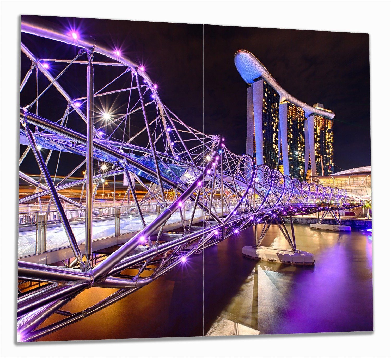 Wallario Herd-Abdeckplatte Helix-Brücke in Singapur bei Nacht, ESG-Sicherheitsglas, (Glasplatte, 2 tlg., inkl. 5mm Noppen), verschiedene Größen | Herdabdeckplatten