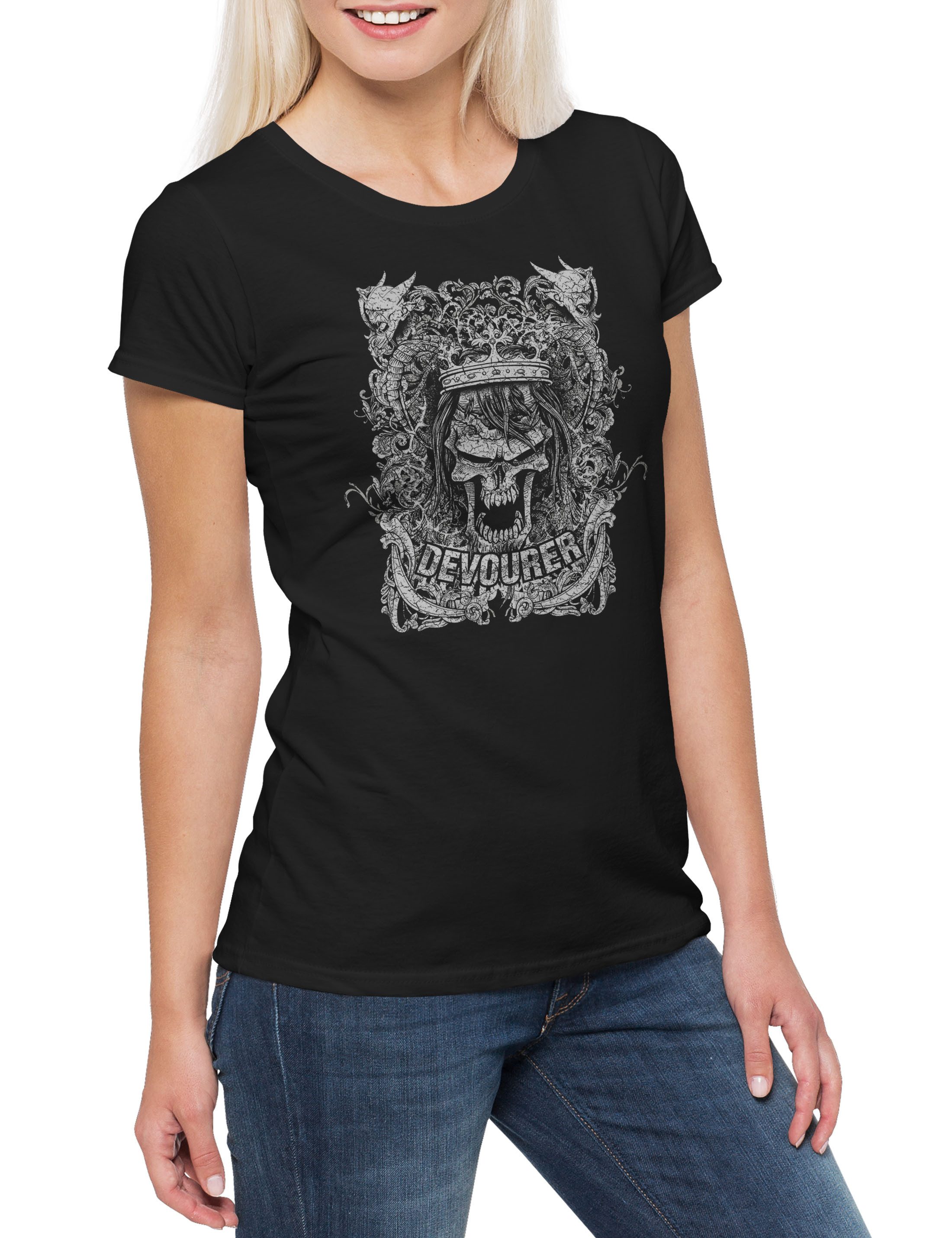 Print-Shirt Devourer Damen T-Shirt Death Reaper Sensenmann Faucheuse Skeleton