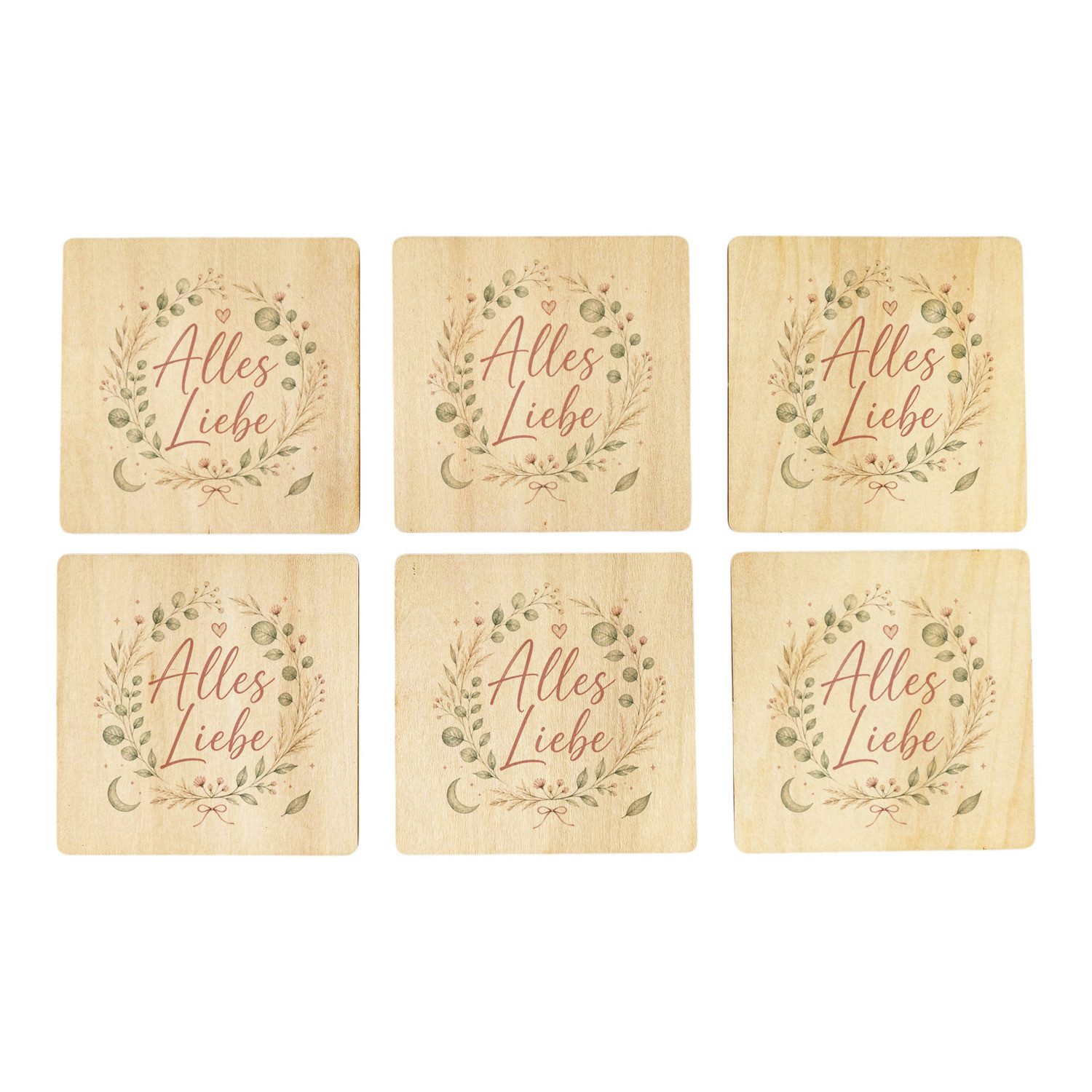 speecheese Glasuntersetzer 6er Set Untersetzer Holz Alles Liebe Blumenkranz Mit Spruch: schützt