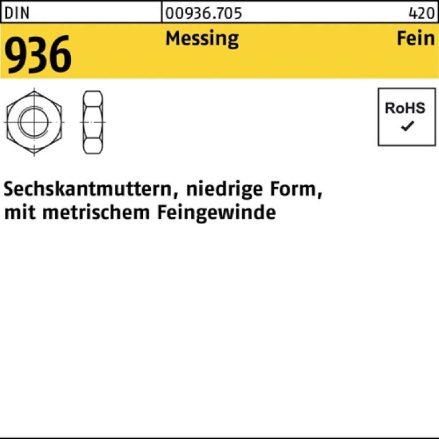 Reyher Muttern 100er Pack Sechskantmutter DIN 936 M12x 1,5 Messing 100 Stück DIN 936