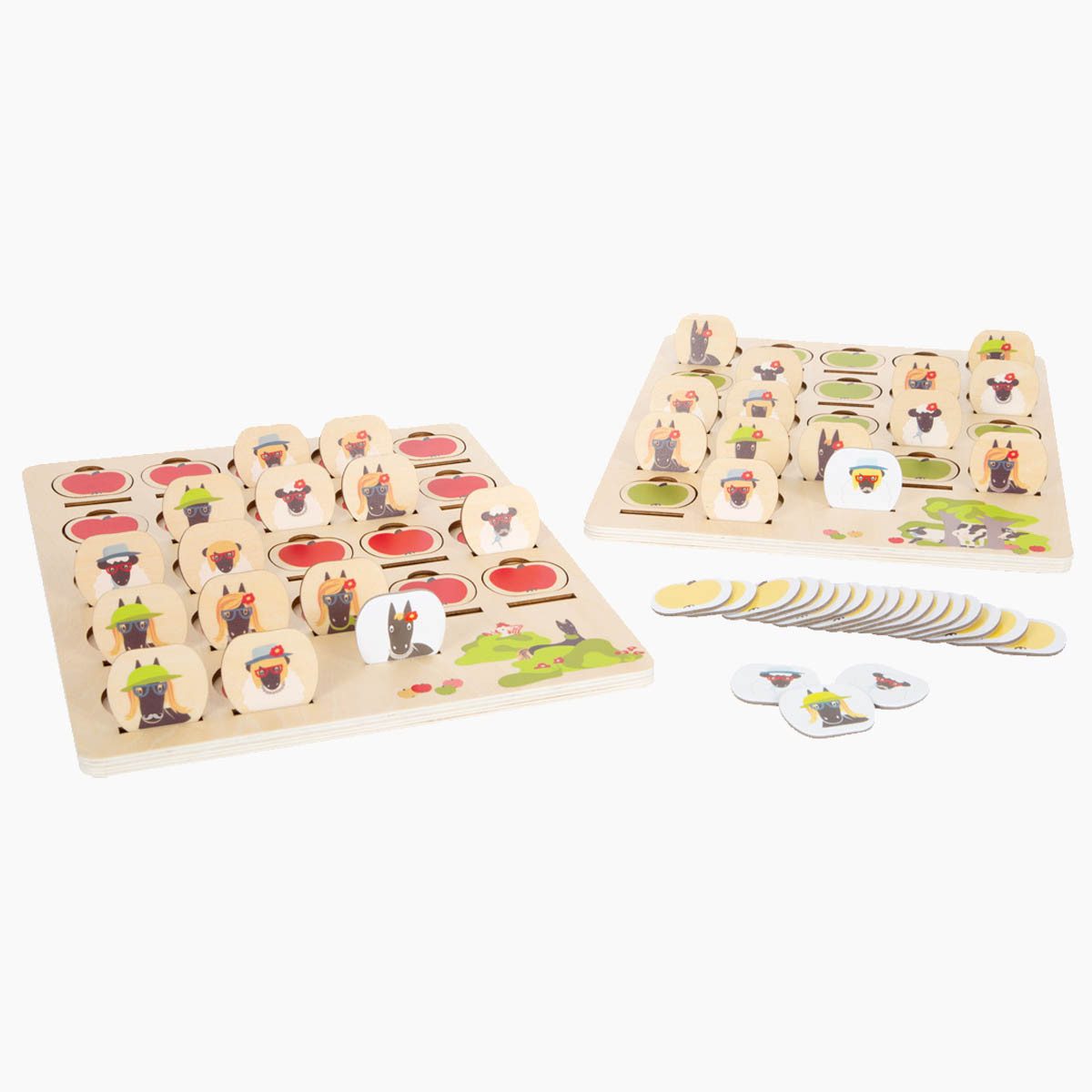 small foot GmbH & Co. KG Lernspielzeug Wer bin ich? 4 Friends (Packung, 46-St., 2Spielbrettern, Rate-Plättchen und 22 Pappkarten), Ratespiel und Memo-Spiel aus Holz für Fragen, Kombinieren