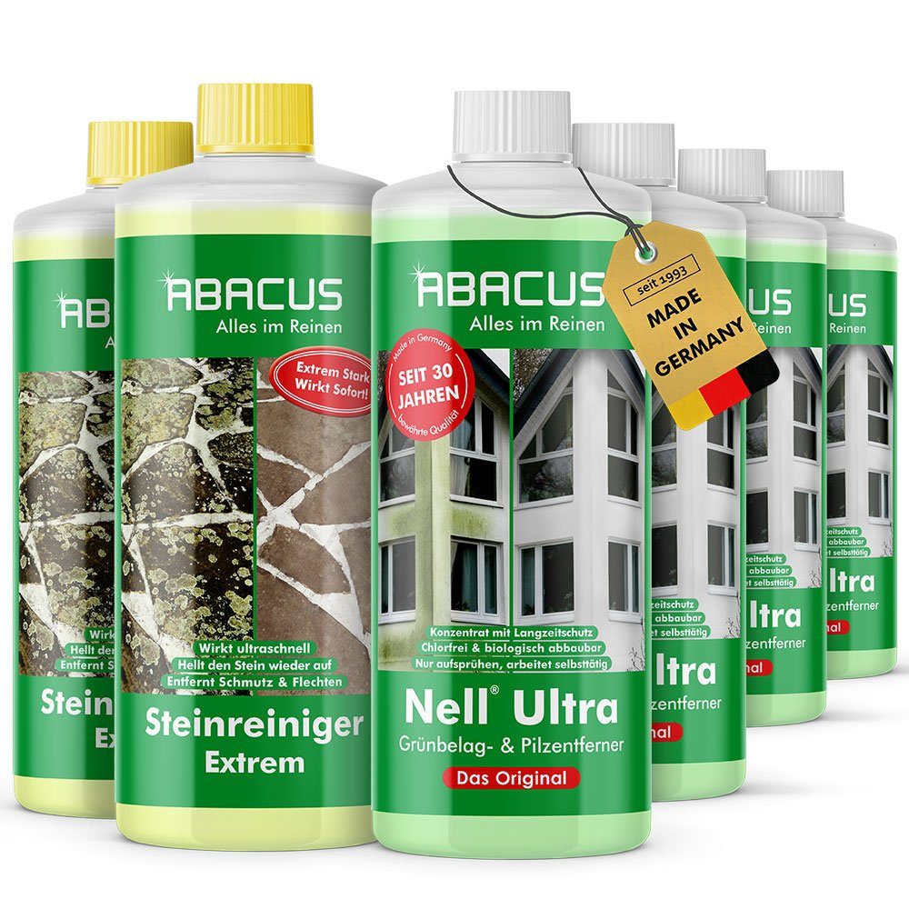 ABACUS Nell Ultra & Steinreiniger Extrem Grünbelagentferner Grünbelagentferner (Entfernt sofort Algen, Schmutz, Grünbelag und Flechten, [6-St. 4x1000ml Nell Ulta Grünbelagentferner 2x1000ml Steinreiniger Extrem mit Sofortwirkung)