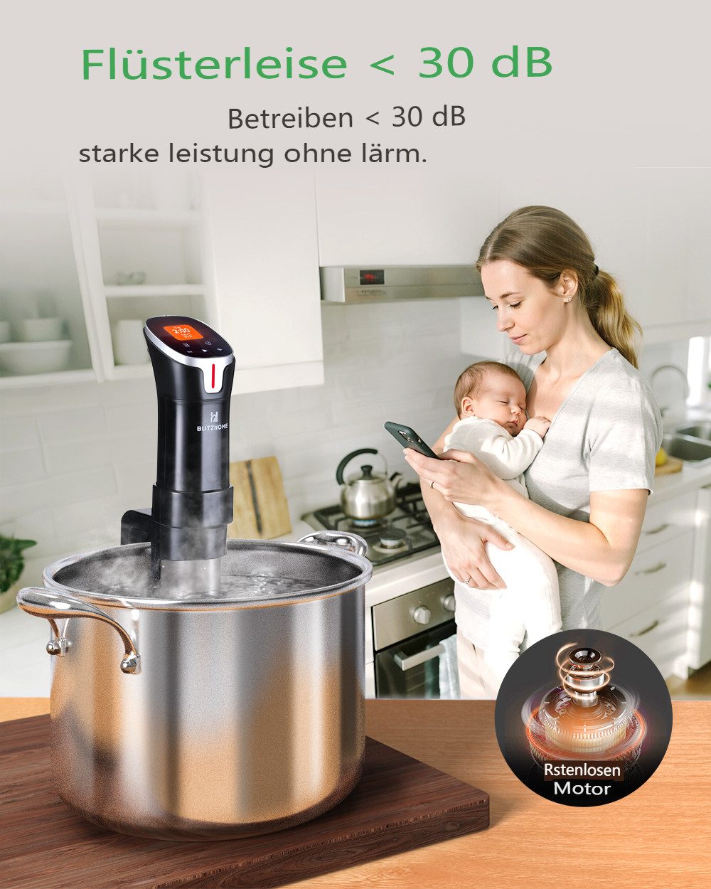 BLiTZWOLF Sous-Vide Stick 1100W mit Farb-Touchscreen & App-Steuerung, Präzise Temperaturregelung für perfektes Garen