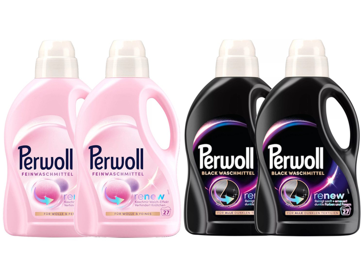 Perwoll Black & Für Wolle & Feines 4 x 27 WL (108WL) Feinwaschmittel (Vorrats-Set, [4-St. Flüssigwaschmittel mit Dreifach-Renew-Technologie)