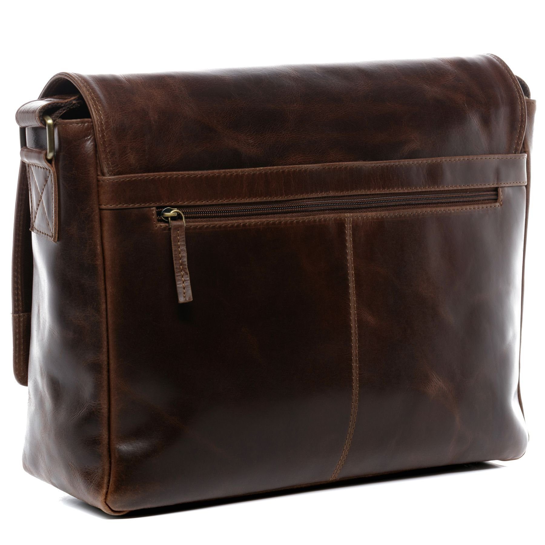 SID & VAIN Messenger Bag SPENCER XL groß Laptop-Tasche 15 Zoll echt Leder, Umhaengetasche Laptop Fach Herren Damen Schultertasche braun