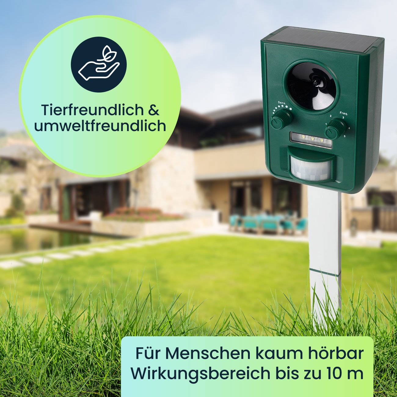 Gardigo Ultraschall-Tierabwehr Vielseitiges Tierabwehrgerät Solar mit Blitzlicht, Reichweite 9m, 1-tlg., effektiv, tierfreundlich & umweltfreundlich