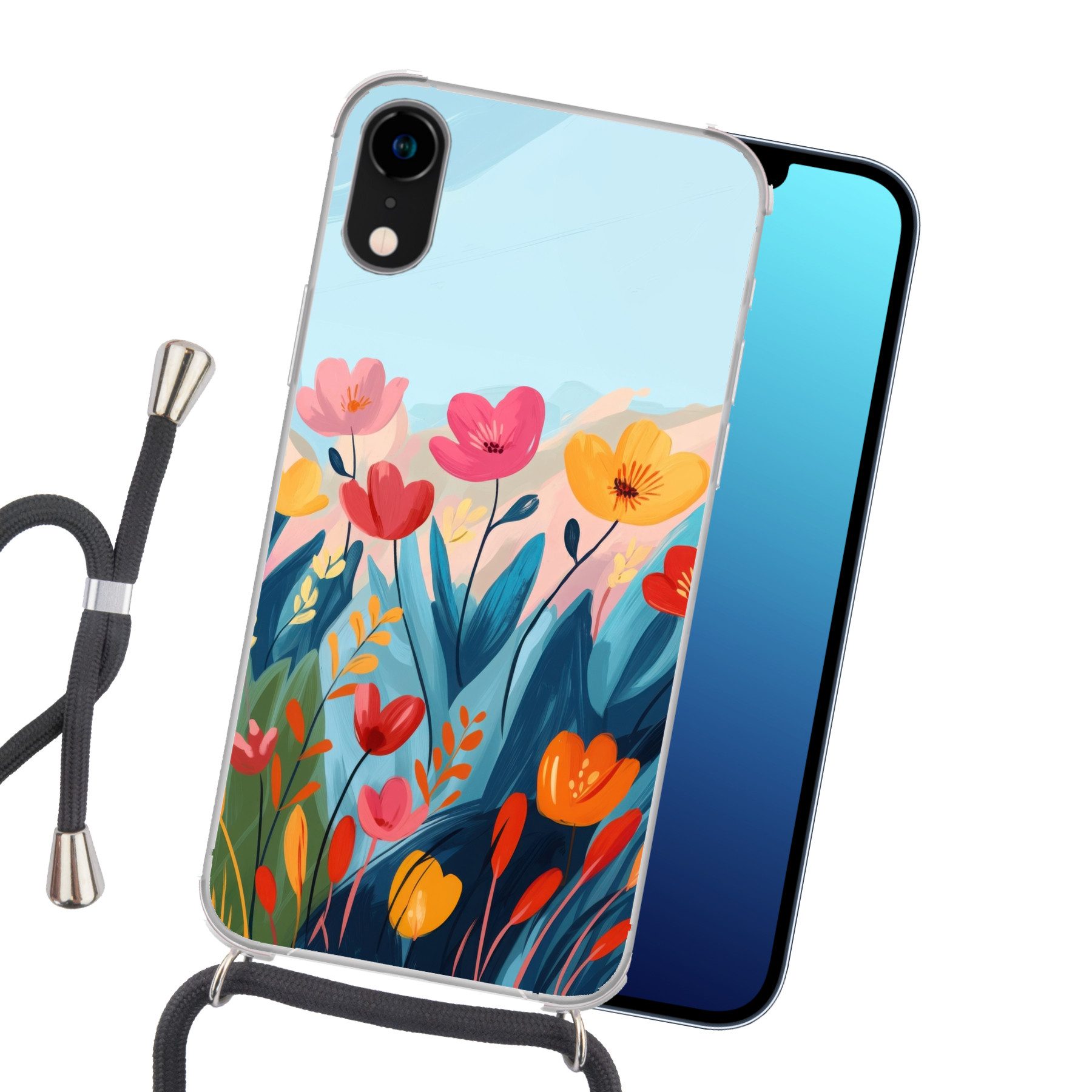 MuchoWow Handyhülle für Apple iPhone XR Illustration - Blumen - Farbenfroh, Tragbare Handyhüllen mit Kette zum umhängen, Handykette Handyband