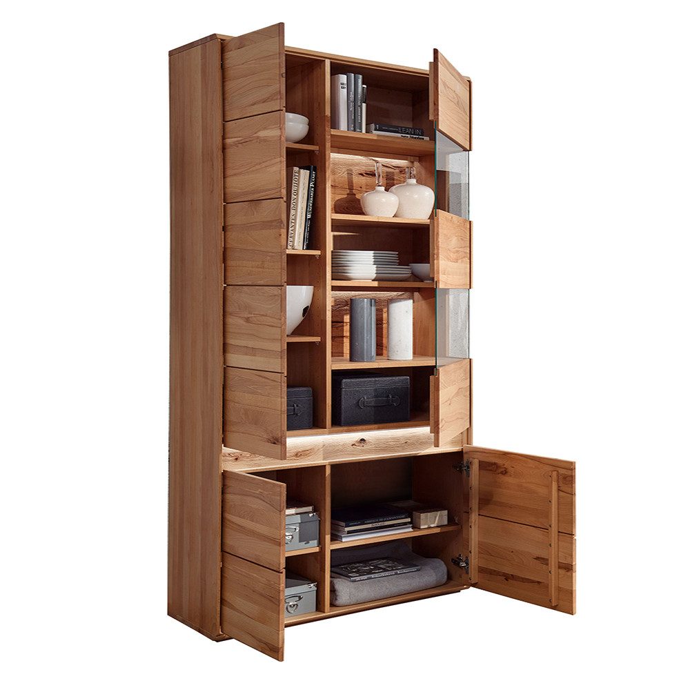 Lomadox Vitrine WELLAND-69 103 cm, Kernbuche massiv geölt mit LED-Beleuchtung, Türanschlag rechts