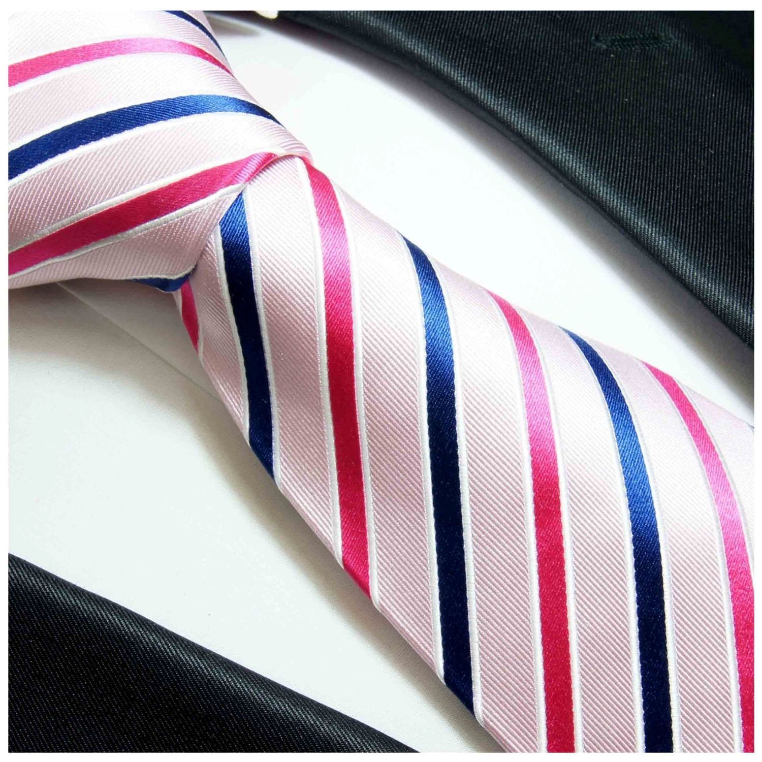 modern Malone pink 100% 600 (6cm), Krawatte Paul rosa Seide Schmal gestreift Designer Herren Seidenkrawatte blau Schlips