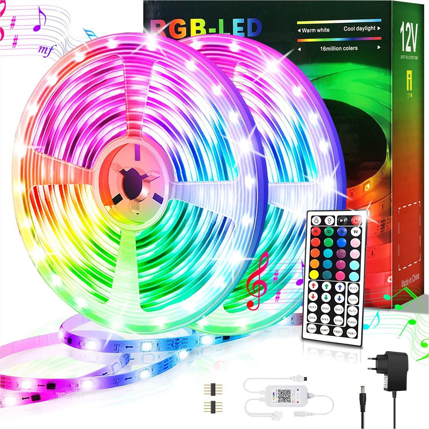 KINSI LED Stripe Lichtband, RGB LED Streifen 5/10/15/20m, mit Fernbedienung, 18 Lichter/M,Infrarot-Fernbedienung, Bareboard RGB