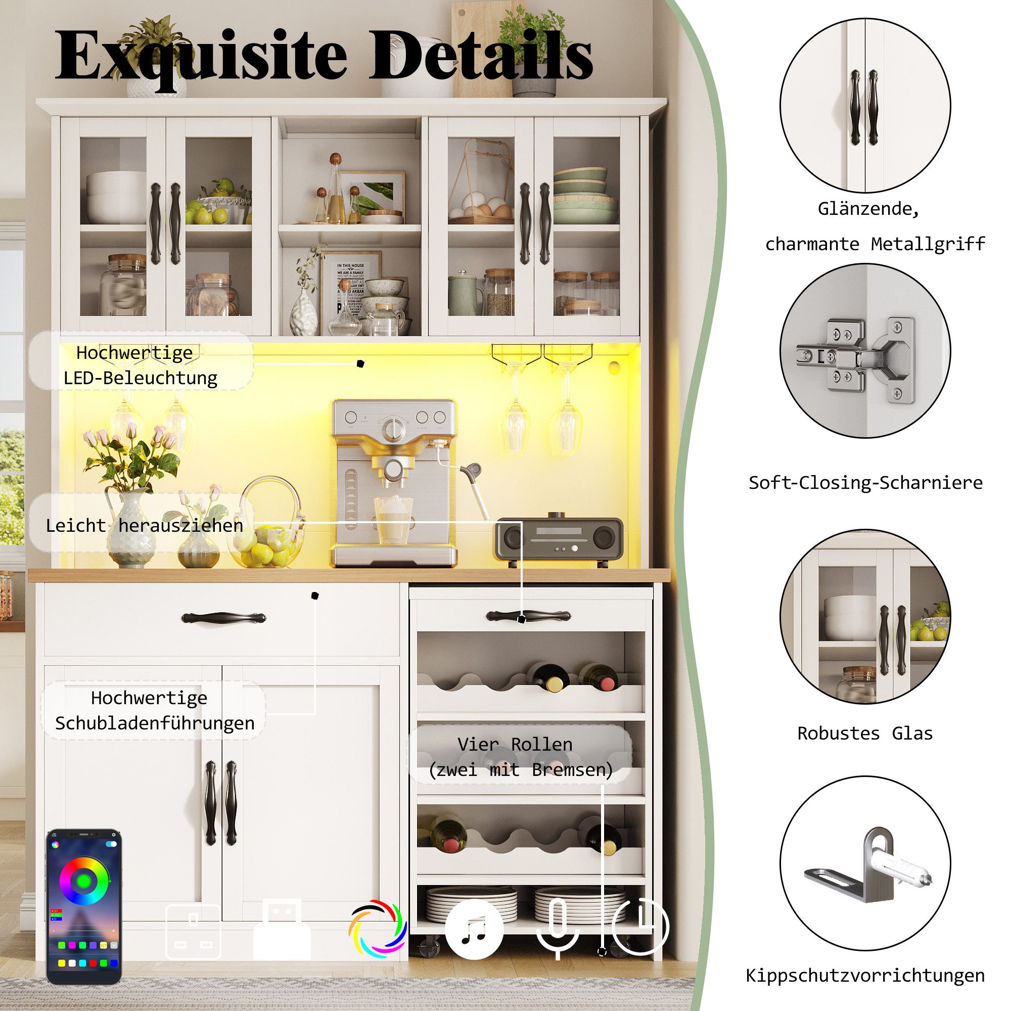 Odikalo Küchenbuffet Küchenschrank mit LED Rollwagen & Weinregal (mit Weinglasregal & Weinregal, Beleuchteter Sideboard Schrank für Wohnzimmer, Esszimmer) 140*3 – Bild 5 von 5