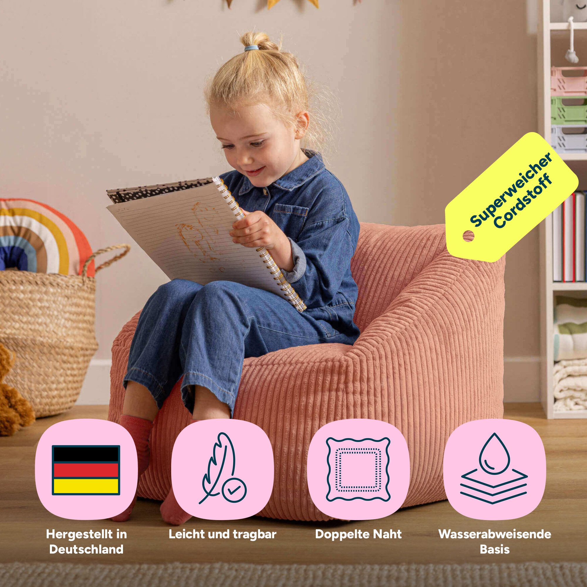 icon Sitzsack Kinder aus Cord Flauschig „Natalia“, 55x44cm, Made in Germany, für Kinderzimmer