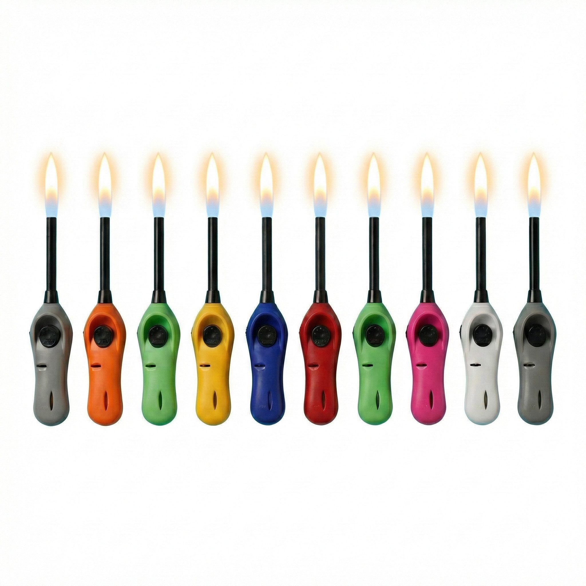 TOM Feuerzeuge Stabfeuerzeuge 10er Set Nachfüllbar Soft-Flame (10-St), 21,8 cm lang, gemischte Farben, Propan- / Butangas, Vorgefüllt