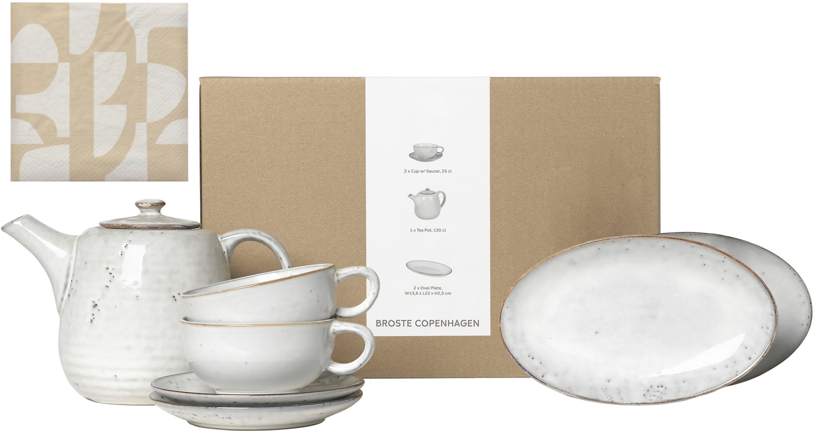 Broste Copenhagen Teeservice Single Geschirr-Set Nordic Sand, inkl. 1 Päckchen Papierserviette (8-tlg), 2 Personen, Keramik, Beliebte Geschirr Sets Exclusiv mit Geschenk