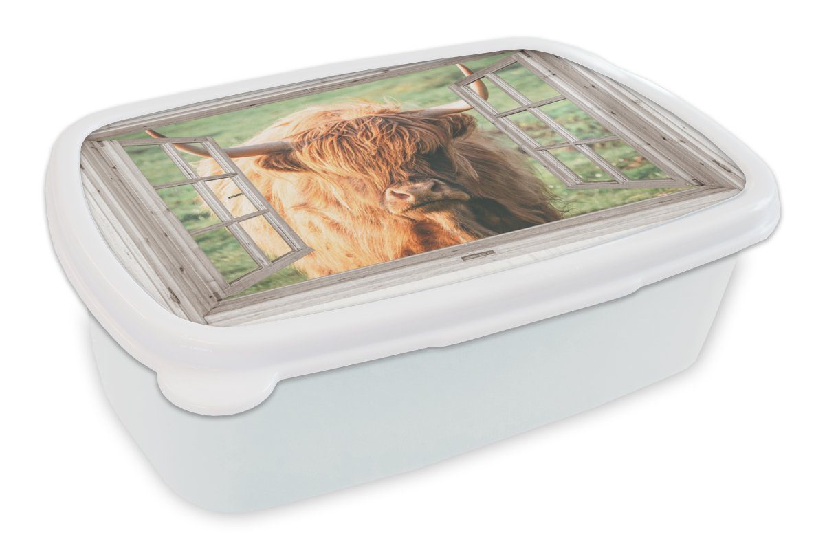 MuchoWow Lunchbox Schottischer Highlander - Ansicht - Fenster - Tier, Kunststoff, (2-tlg), Brotbox für Kinder und Erwachsene, Brotdose, für Jungs und Mädchen weiß