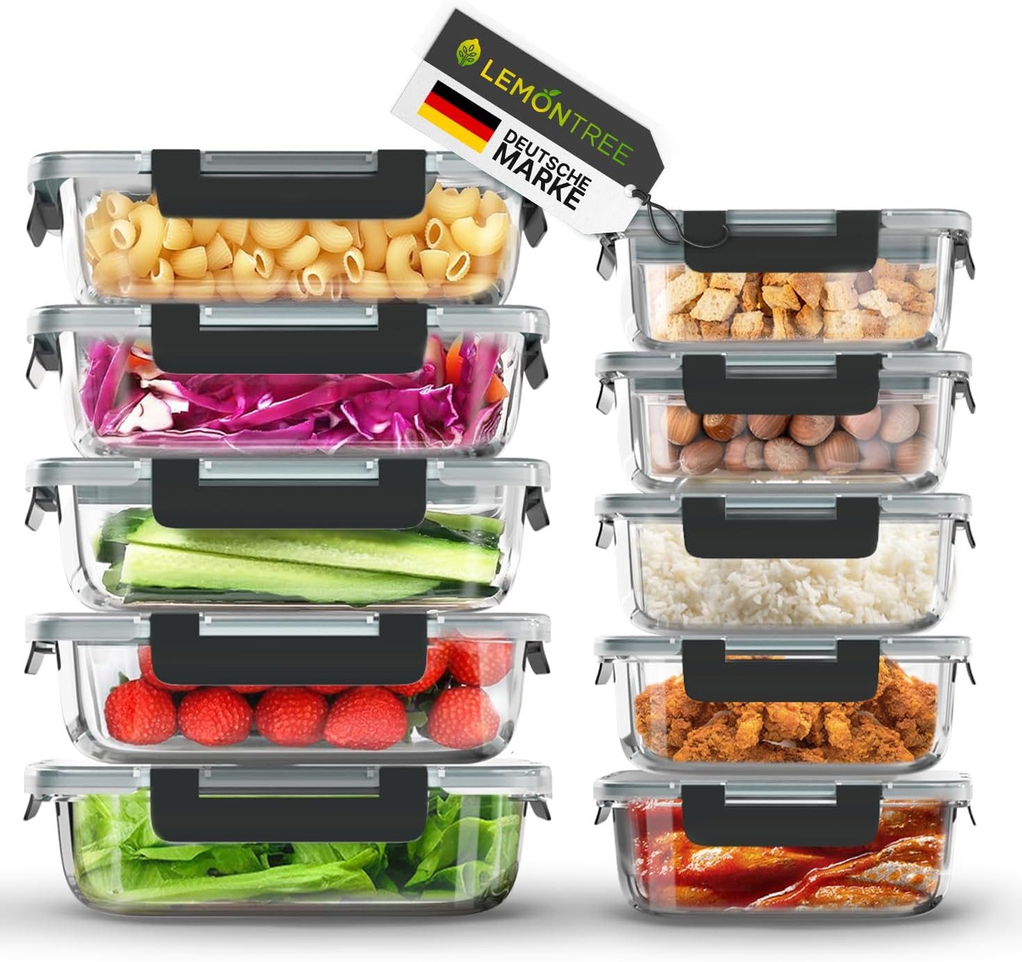 Lemontree Vorratsdose mit Deckel Luftdicht - Meal Prep Boxen Glas - Mikrowellengeeignet, (Vorratsdosen-Set (3-teilig, groß je 1040 ml), Meal Prep Boxen 3er Set - 1040ml - auch als 5er & 10er Set erhältlich), Luftdicht, auslaufsicher, stapelbar, mikrowellen-, ofen- & gefrierfest