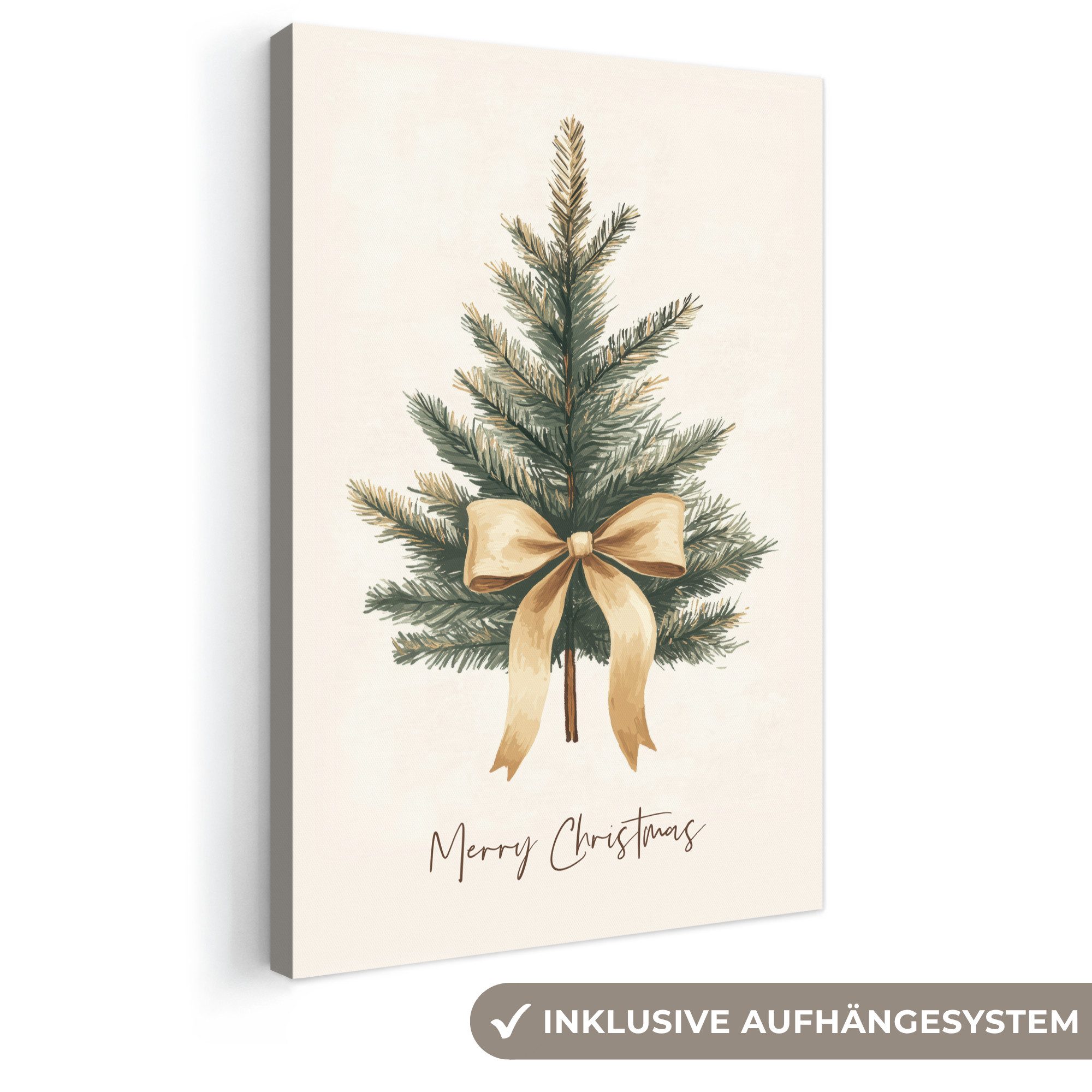 OneMillionCanvasses® Leinwandbild Weihnachtsbaum - Weihnachten - Frohe Weihnachten - Beige, Fotodruck (1 St), Leinwand Canvas Wandbild, Wanddekoration 20x30 cm