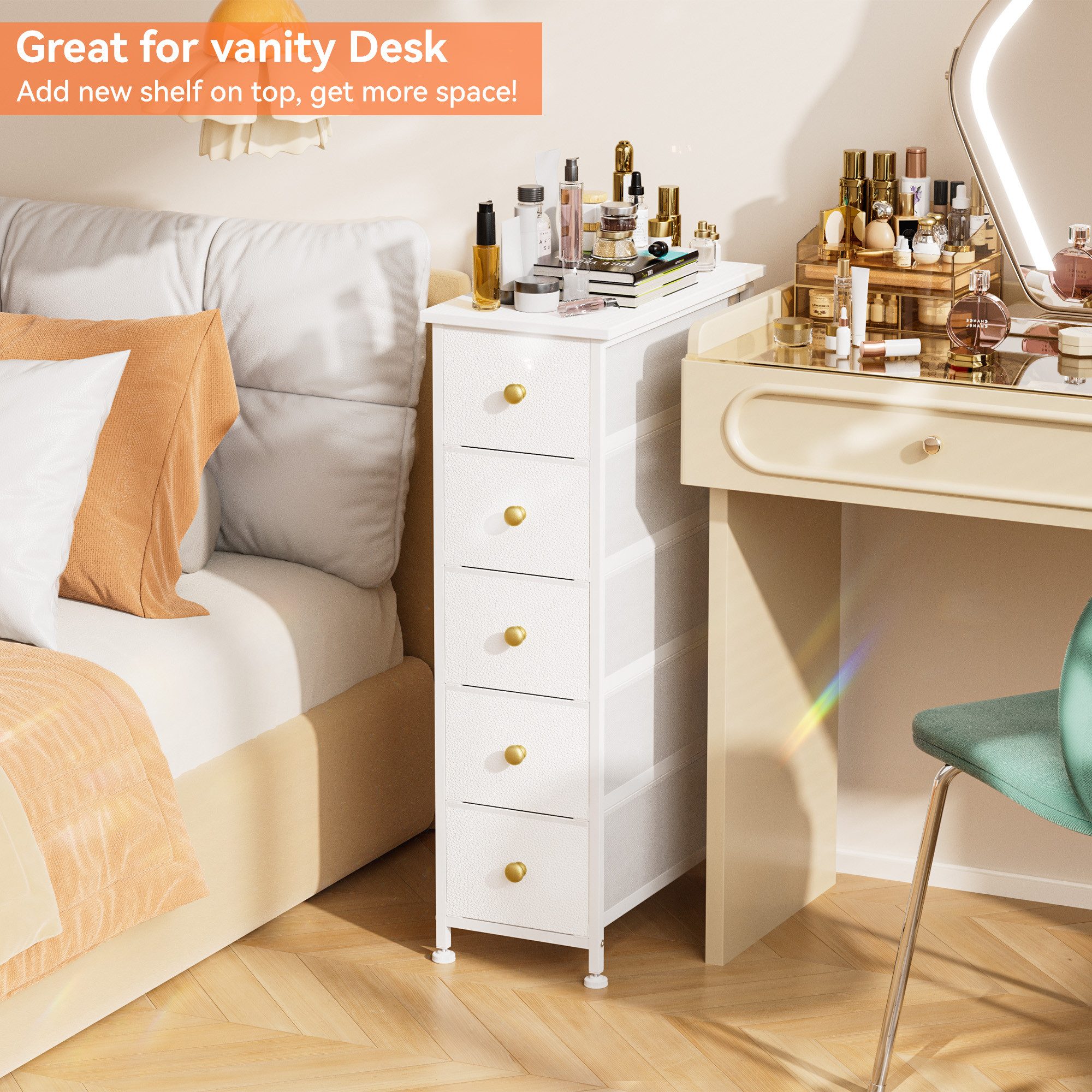 JEOBEST Schubkastenkommode Kommode Schrank mit 5 Schubladen aus Stoff, Metallrahmen, (1 St. Schrank)Aufbewahrungsschrank, Sideboard, Verstellbare Füße – Bild 3 von 5