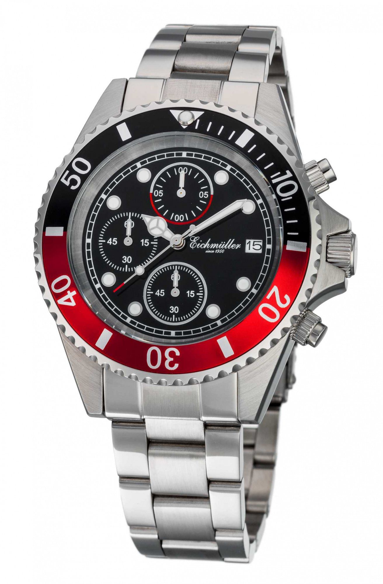 Chronograph Taucheruhr Edelstahlarmband, 10 ATM, Schwarz-Rot, 3466-04
