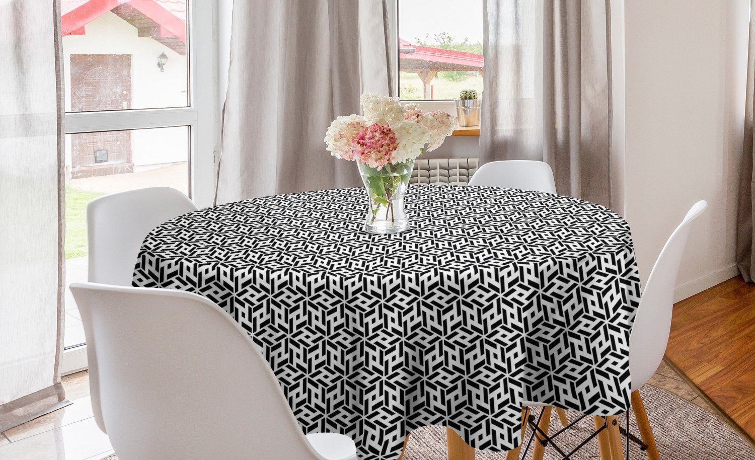 Abakuhaus Tischdecke Kreis Tischdecke Abdeckung für Esszimmer Küche Dekoration, Schwarz und weiß kubische Formen