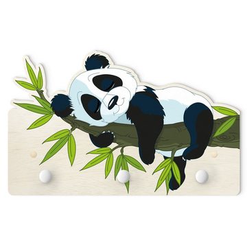 Bilderdepot24 Garderobenpaneel weiss Illustration Tiere Schlafender Panda (Kindergarderobe Holz Kleiderhaken für die Wand inkl. Montagematerial), moderne Wand Garderobenleiste Flur - kleine Hakenleiste Kinderzimmer